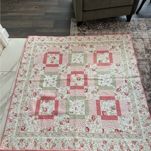 Homemade Floral Patchwork Quilt - Pink and Green